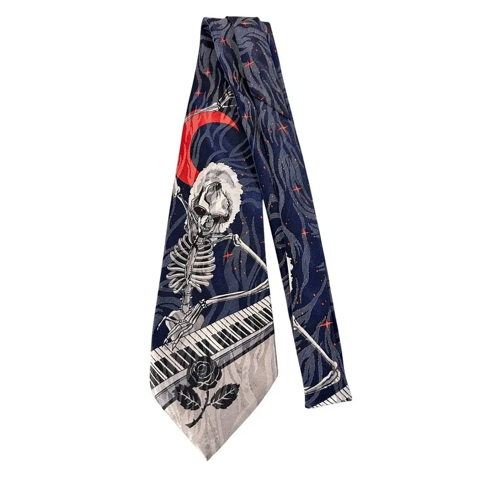 Vintage Made‎ in Italy Silk Tie Skeleton Piano Red Moon Goth Necktie